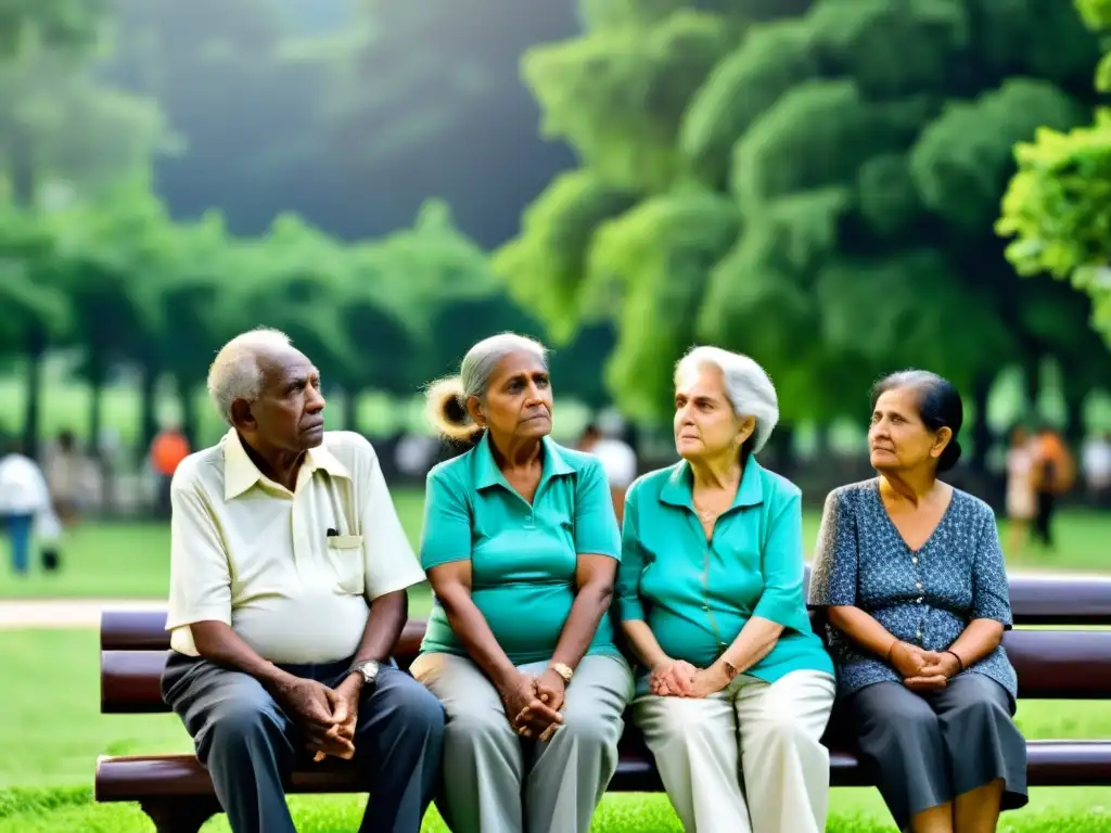 Un grupo de ancianos en un parque, reflejando la pobreza en la vejez