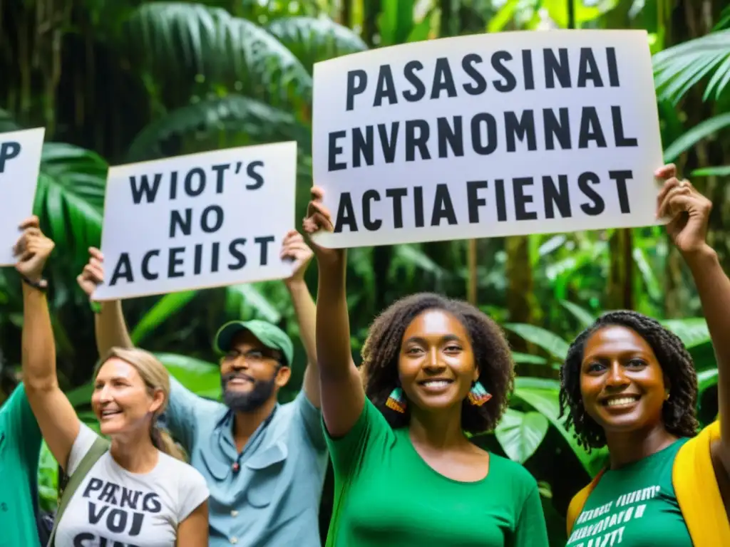 Grupo de apasionados activistas ambientales sosteniendo pancartas con datos científicos frente a una exuberante selva