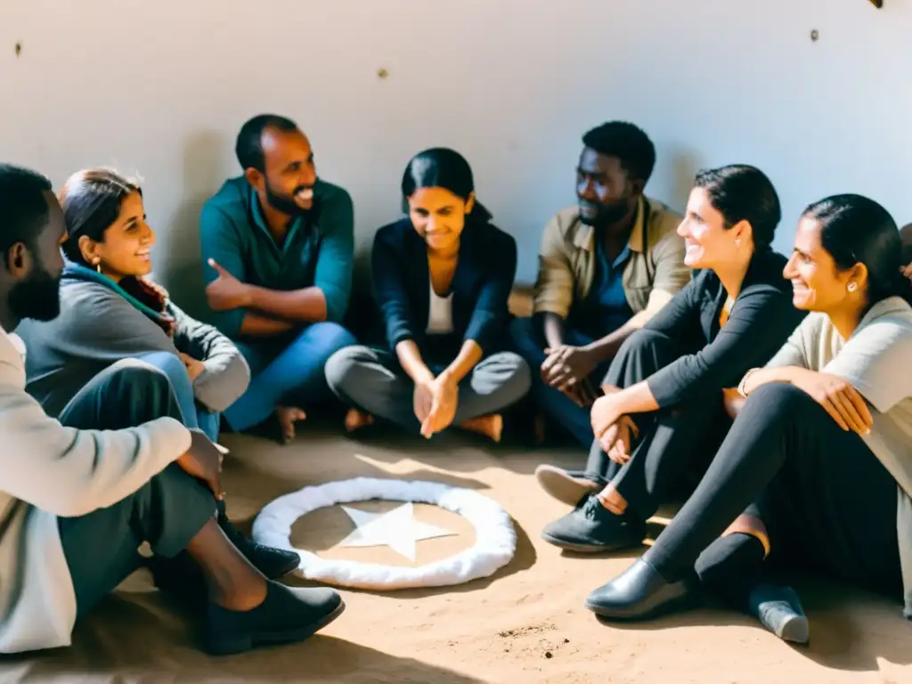 Grupo de apoyo en un campo de refugiados, mostrando la atención en salud mental para víctimas a través de sus expresiones y emociones