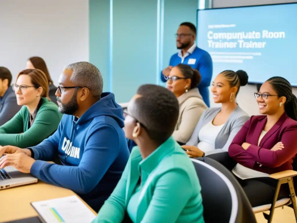 Un grupo de aprendices adultos atentos en una capacitación digital para trabajadores, mientras siguen al instructor en un aula luminosa