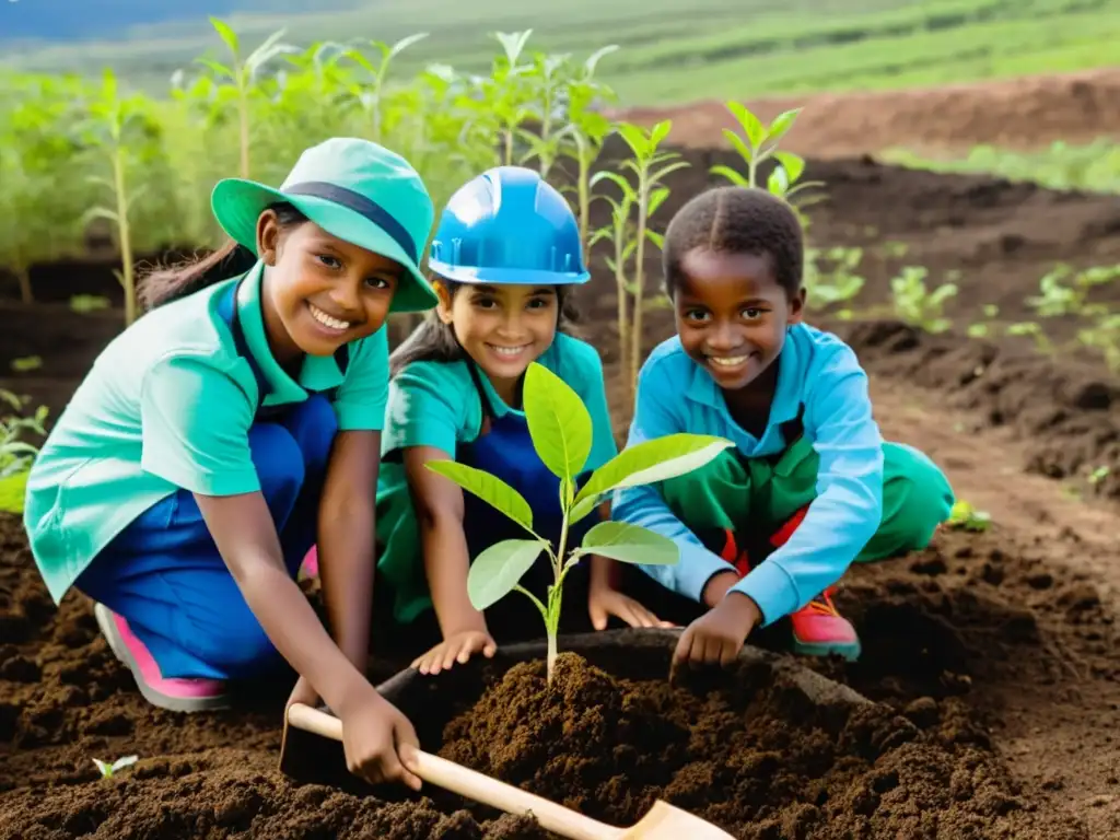 Un grupo de niños planta árboles en un área deforestada, mostrando el impacto de los niños en el cambio climático