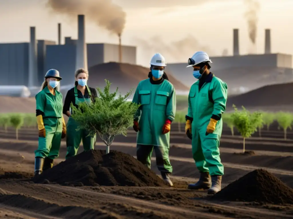 Grupo plantando árboles en paisaje desolado, reemplazando contaminación industrial por energía limpia