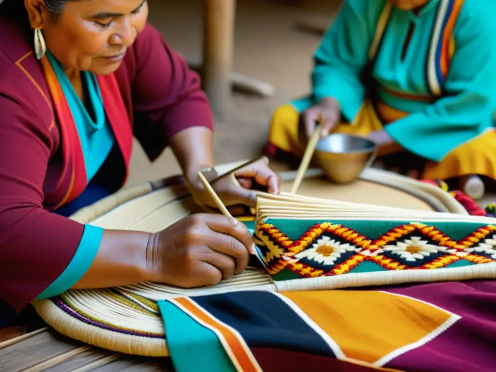 Un grupo de artesanos indígenas crea manualmente artesanías tradicionales, rodeados de textiles vibrantes y materiales naturales