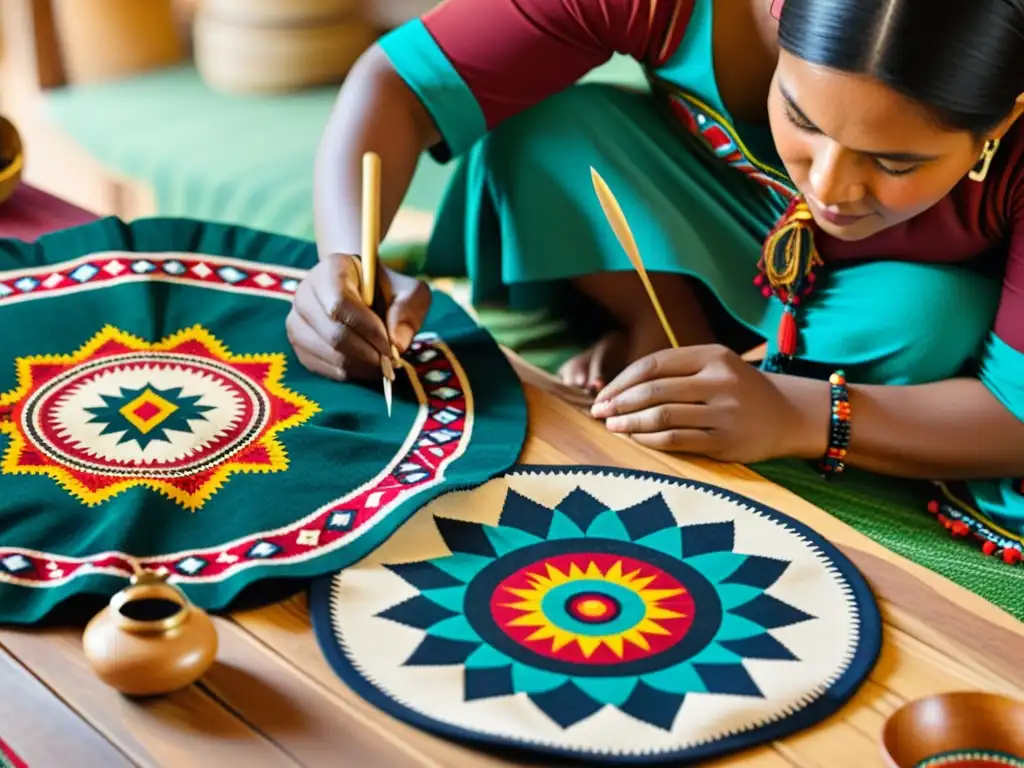 Un grupo de artesanos indígenas crea manualidades tradicionales con una colorida tela