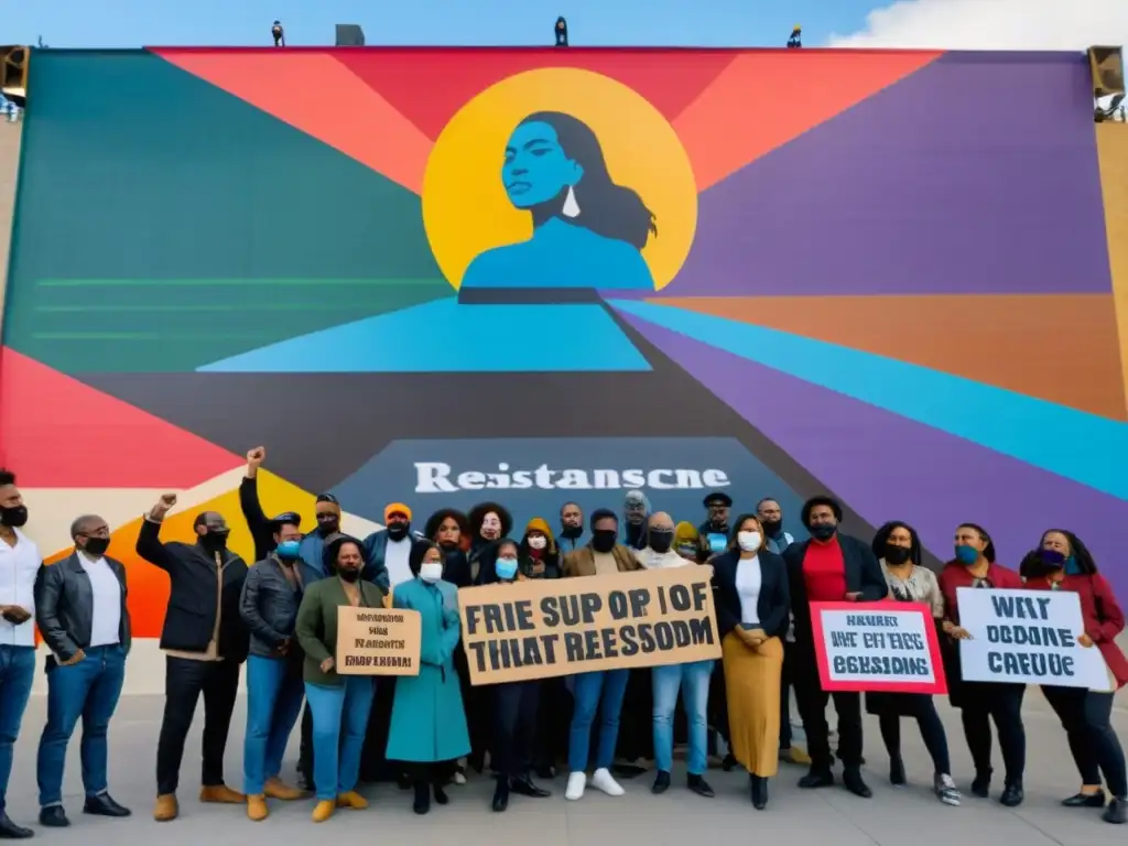 Grupo de artistas y activistas desafiantes frente a un mural, resistiendo la censura de las artes en dictaduras con valentía y determinación