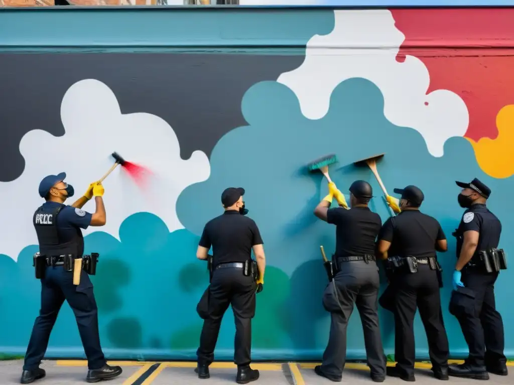 Grupo de artistas desafiantes pintando un mural a pesar de la censura policial