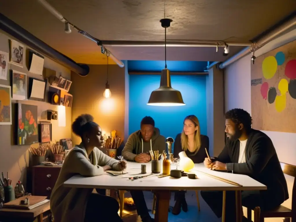 Grupo de artistas en un estudio subterráneo iluminado por una sola bombilla