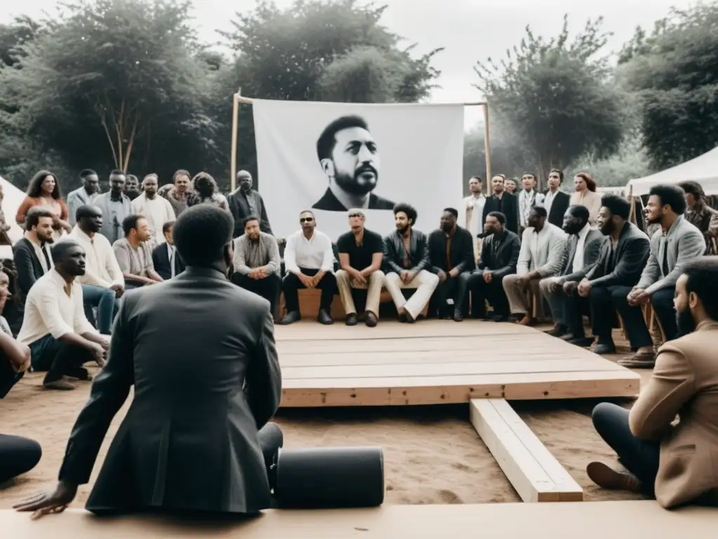 Grupo de artistas desafiando un régimen autoritario con su actuación en un escenario al aire libre, expresando libertad artística