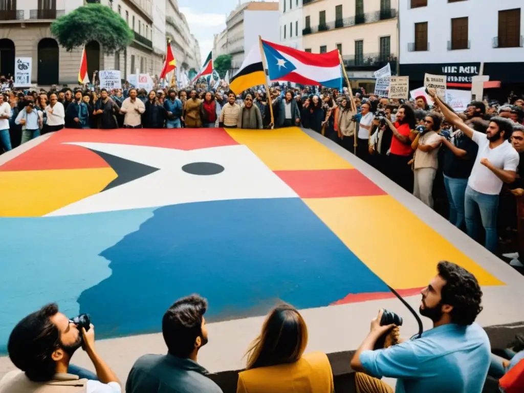 Grupo de artistas uruguayos creando arte callejero subversivo durante la dictadura, expresando mensajes políticos de resistencia con colores vibrantes y pinceladas audaces, rodeados de espectadores y activistas, capturando la intensidad y pasión del movimiento de protesta cultural en Uruguay