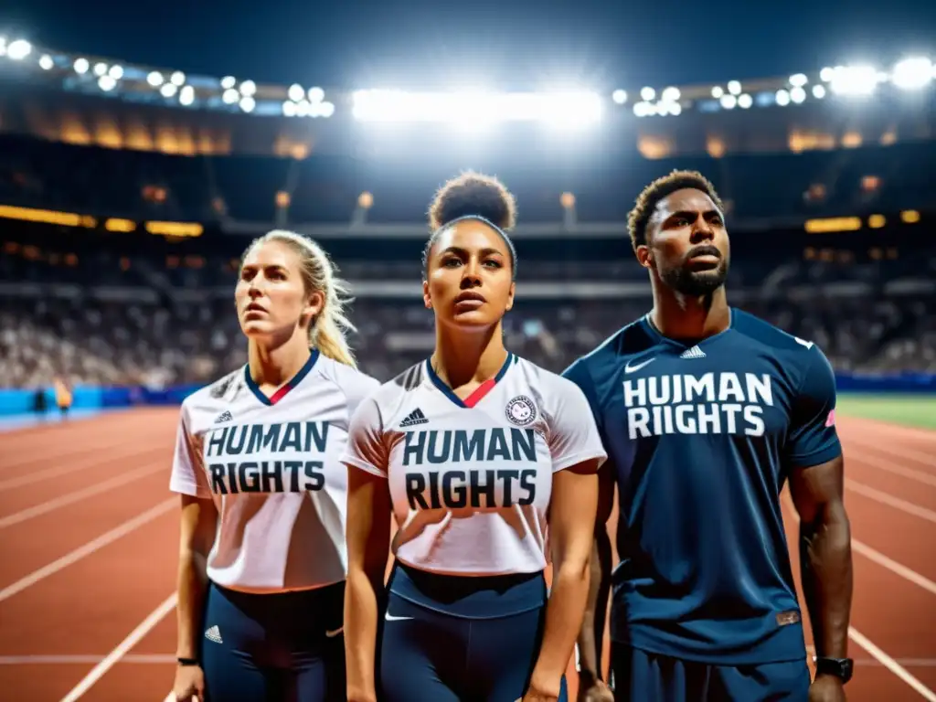 Grupo de atletas en estadio, portando mensajes por los derechos humanos