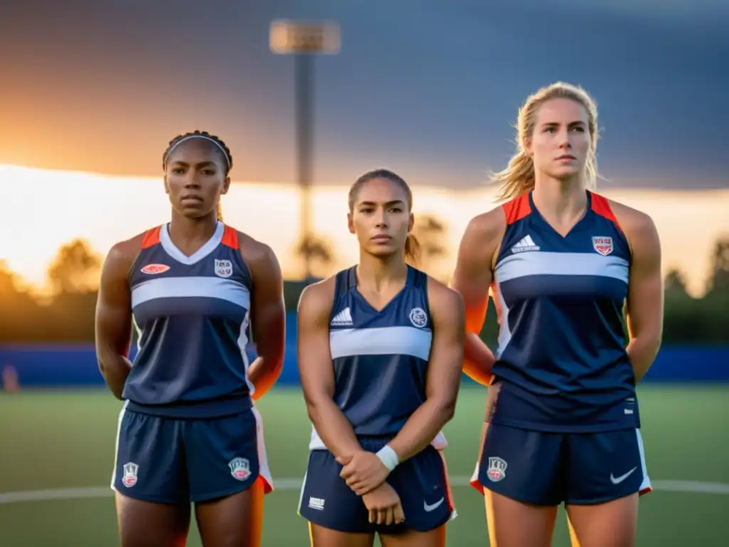 Grupo de atletas femeninas unidas en el campo, desafiantes y empoderadas, desafiando la discriminación y el sexismo en la industria deportiva femenina