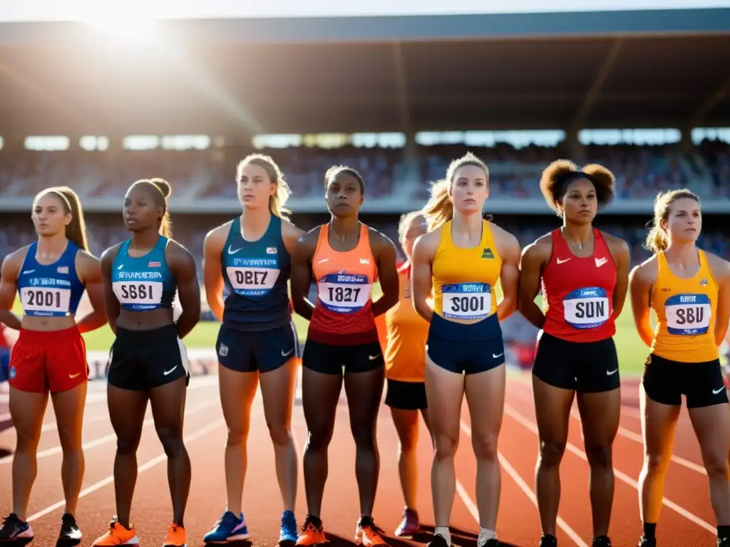 Un grupo de atletas femeninas determinadas se prepara para correr en la pista, con el atletismo como catalizador del cambio