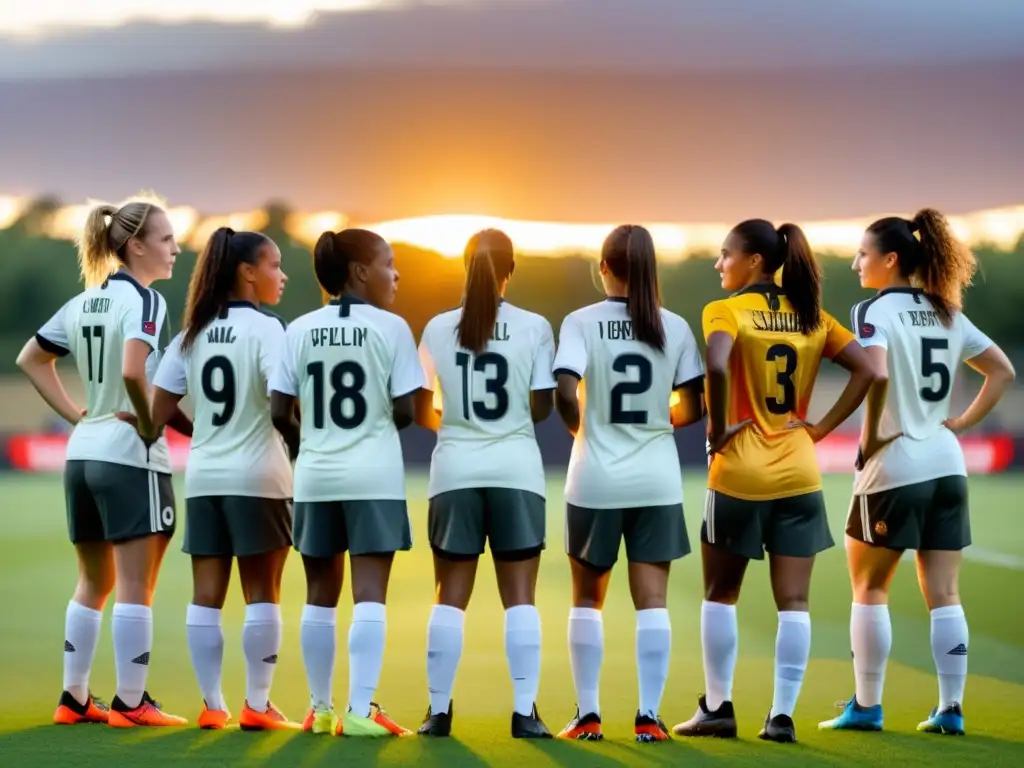 Grupo de atletas femeninas determinadas en el campo de fútbol, desafiando la discriminación de género en el deporte con fuerza y ​​unidad