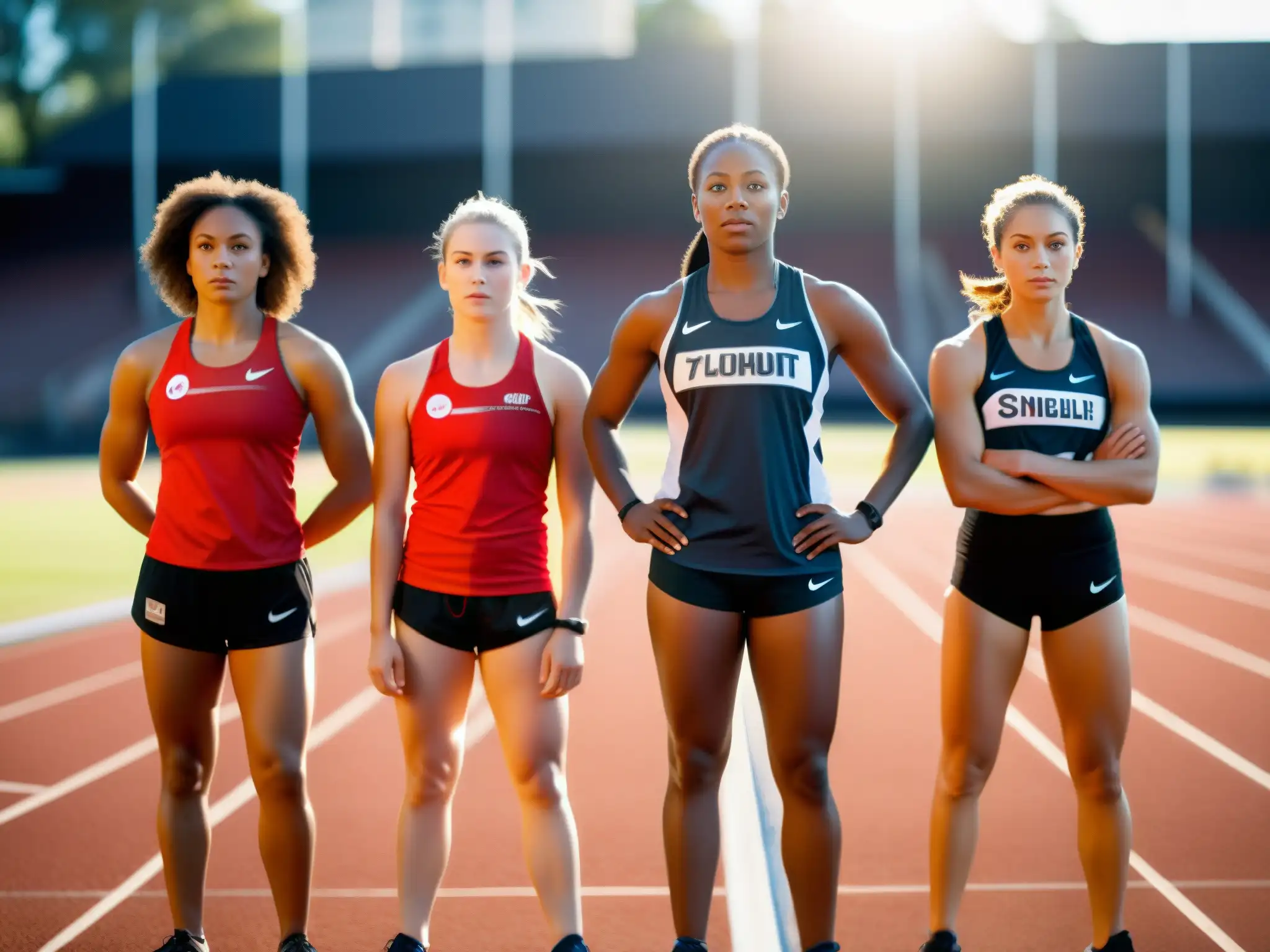 Un grupo de atletas femeninas de diferentes edades y etnias en una pista, listas para correr