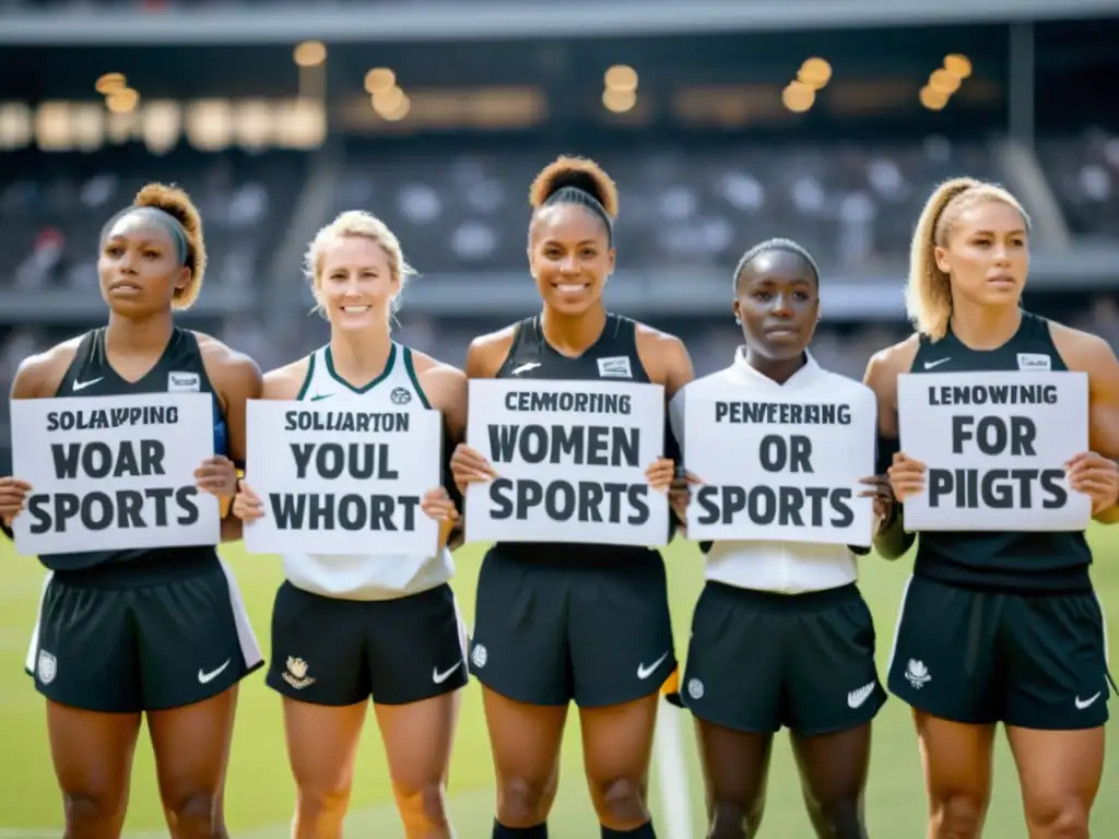 Grupo de atletas femeninas unidas en un estadio histórico, portando mensajes de empoderamiento para el rol de las mujeres en el deporte