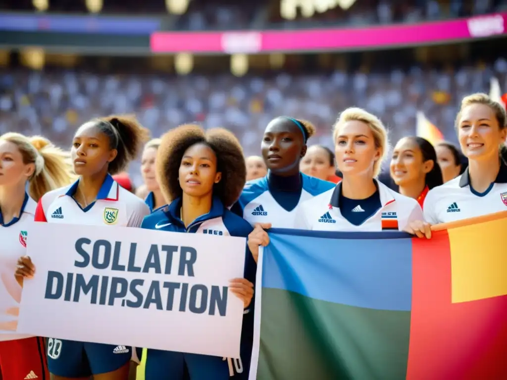 Grupo de atletas femeninas unidas en la lucha contra discriminación de género, con mensajes de empoderamiento en evento deportivo internacional