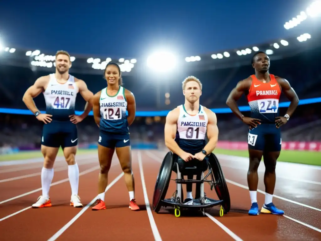 Grupo de atletas paralímpicos de distintos países, listos para competir en pista, visibilizando el talento deportivo paralímpico