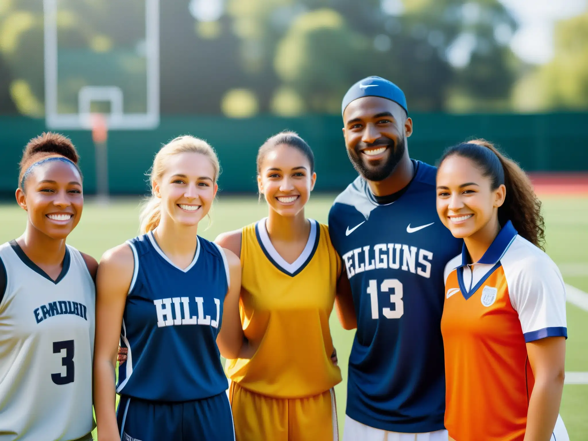 Grupo de atletas de diferentes religiones unidos en solidaridad, mostrando diversidad en el deporte