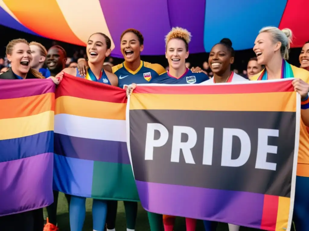 Un grupo de atletas LGBTQ+ unidos en un abrazo, rodeados de una multitud diversa que celebra la inclusión LGBTQ+ en el deporte global