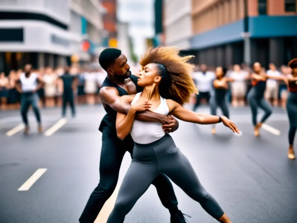 Grupo de bailarines realiza una emotiva danza prohibida por los derechos humanos globales en una bulliciosa calle de la ciudad