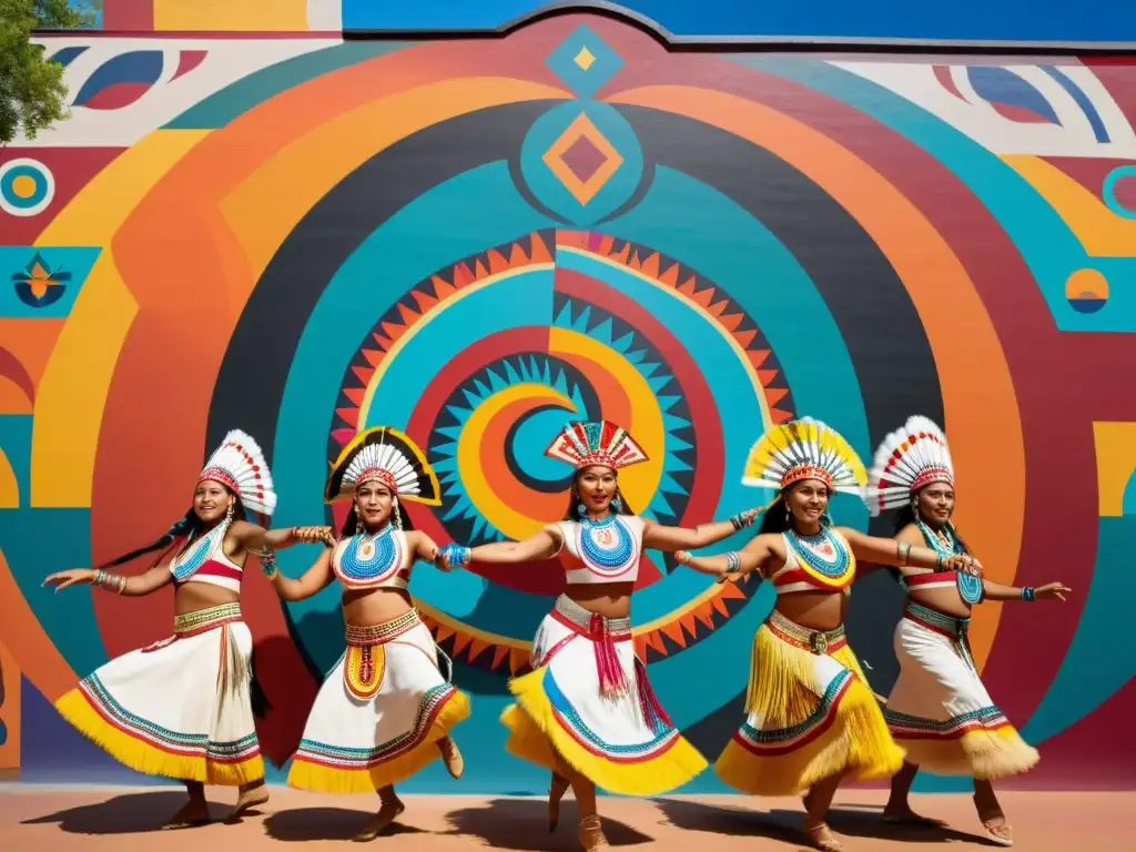 Grupo de bailarines indígenas en atuendo tradicional danzando frente a un mural colorido que representa su historia cultural