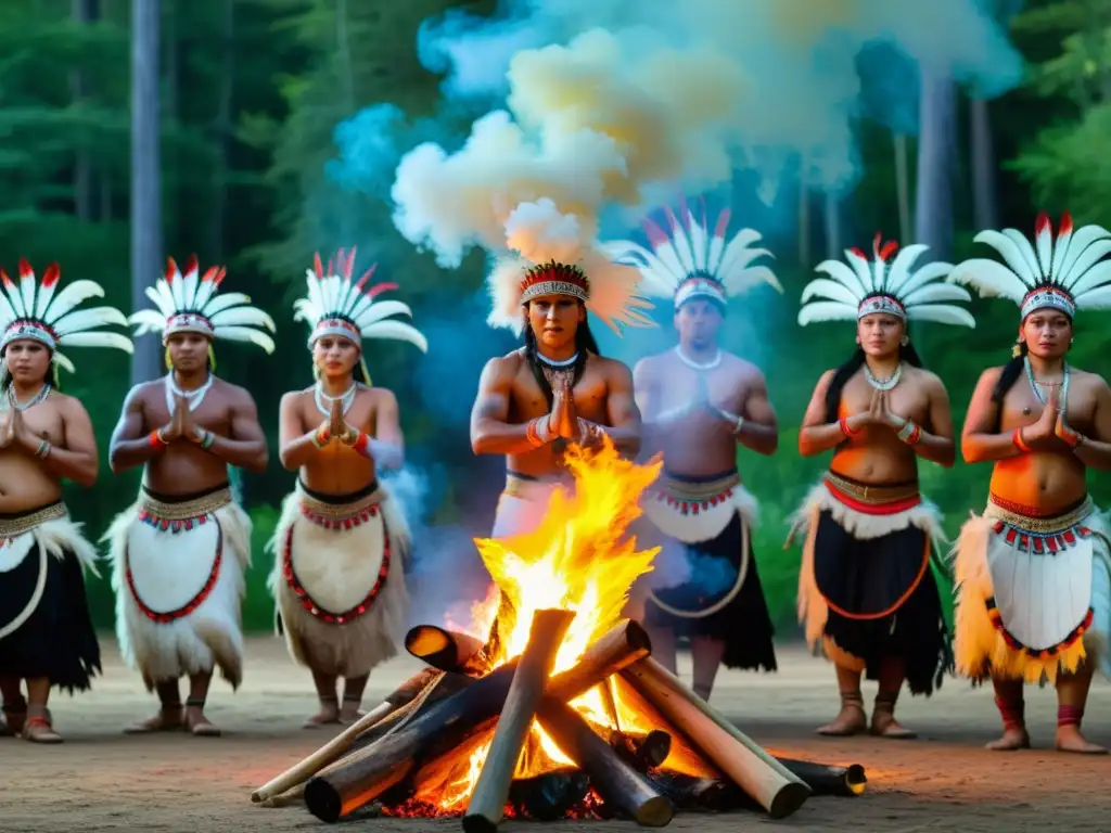 Grupo de bailarines indígenas en atuendos tradicionales realizando danza ceremonial alrededor de una fogata en la selva exuberante