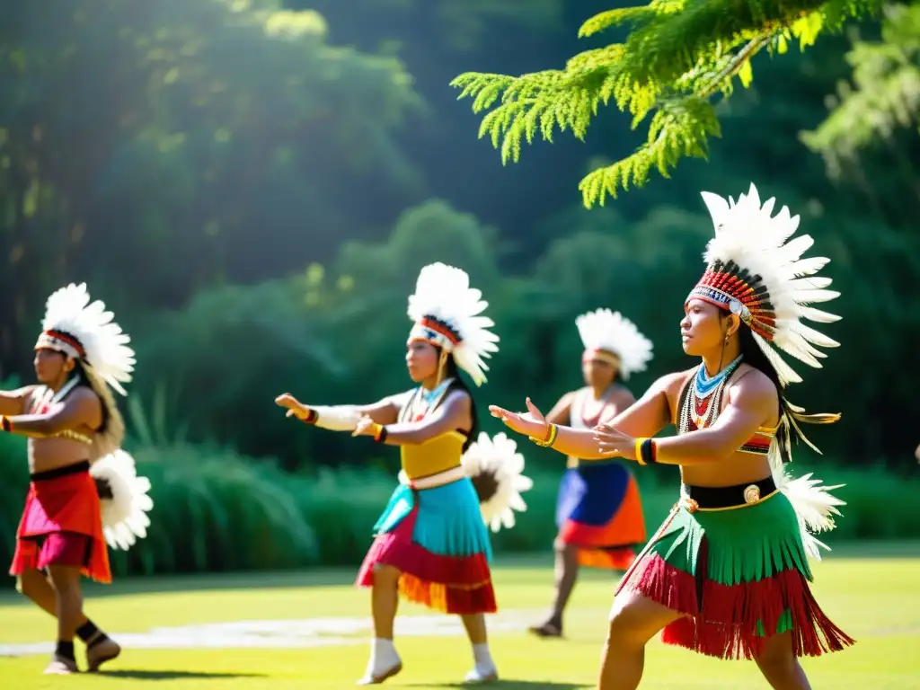 Grupo de bailarines indígenas con atuendos tradicionales y tocados de plumas realizan danza ceremonial en clarete iluminado por el sol, rodeados de exuberante vegetación