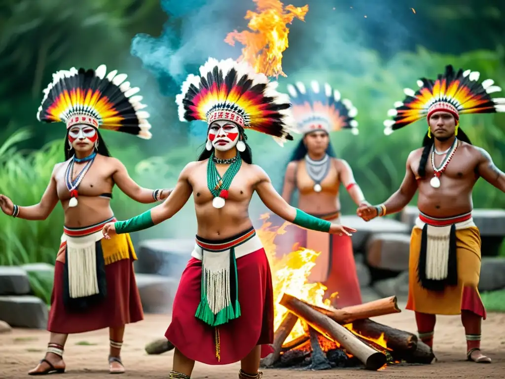 Grupo de bailarines indígenas ejecutan danza ceremonial alrededor del fuego en la selva, expresando su derecho a la libre expresión cultural