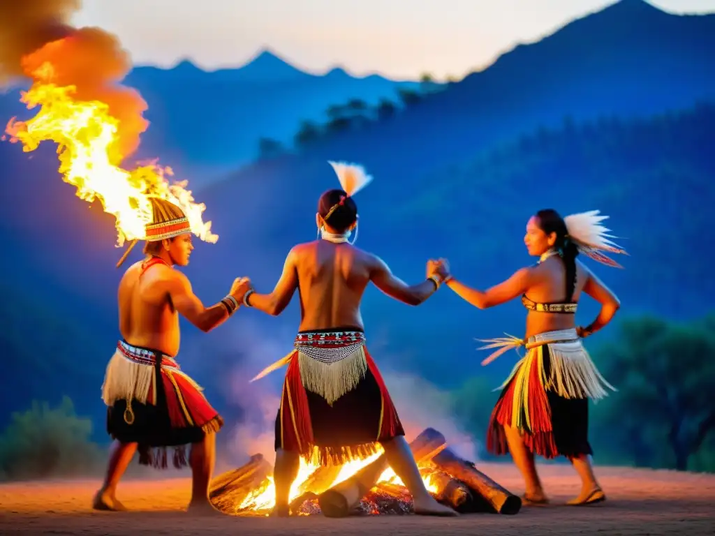 Grupo de bailarines indígenas realizan danza ceremonial alrededor de fogata, preservación tradiciones artísticas nativas