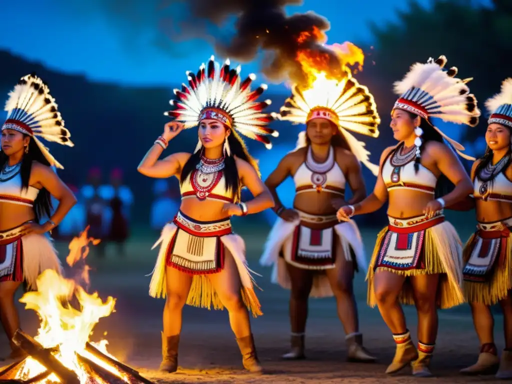 Grupo de bailarines indígenas danzando alrededor de fogata, expresando cultura y derechos humanos en pandemia