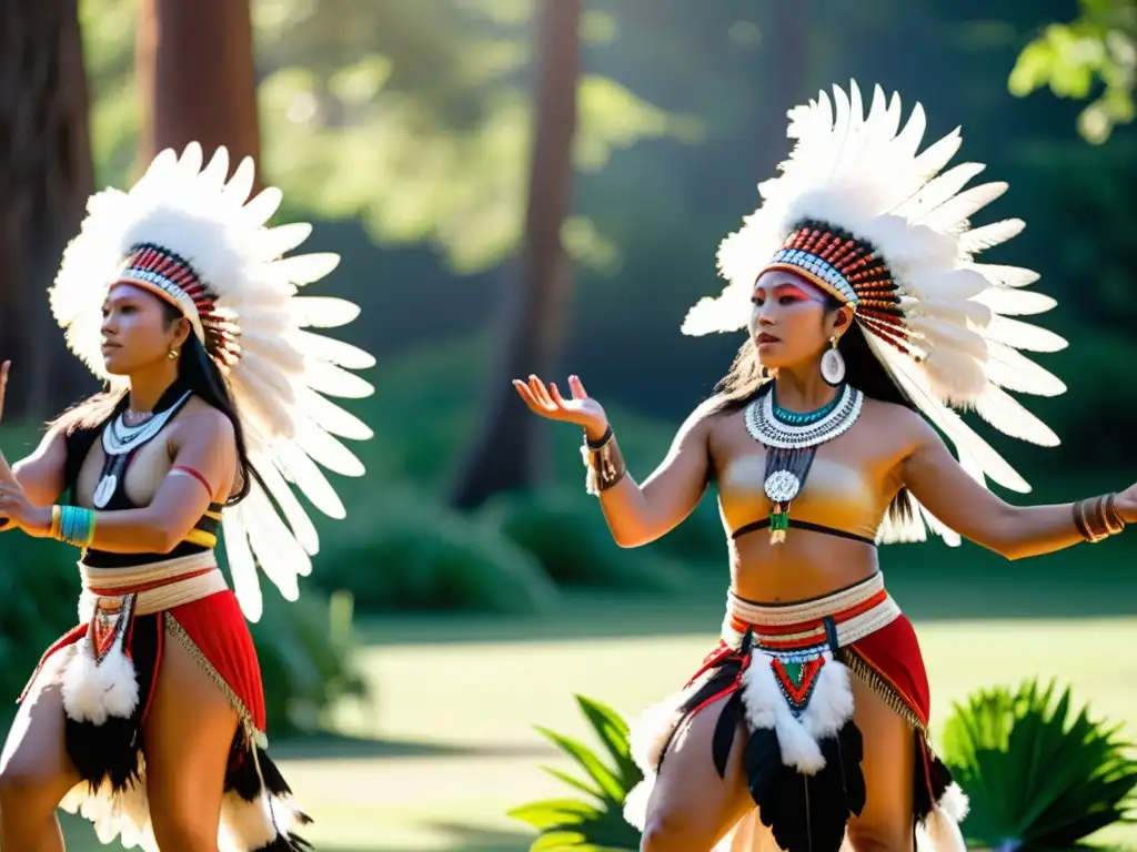 Grupo de bailarines indígenas en trajes tradicionales ejecutando danza ceremonial en bosque