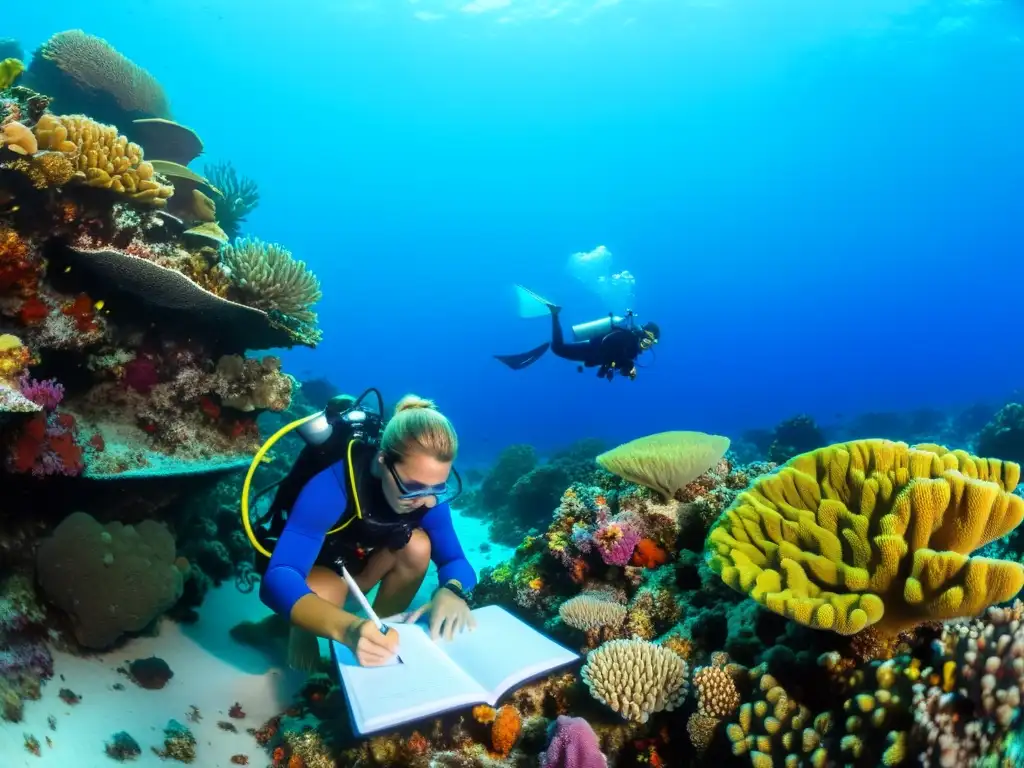 Grupo de biólogos marinos investigando en arrecife de coral remoto, protegiendo los derechos humanos marinos