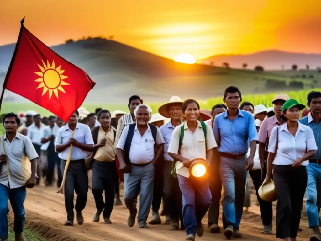 Grupo de campesinos sin tierra marchando con determinación y esperanza por la reforma agraria