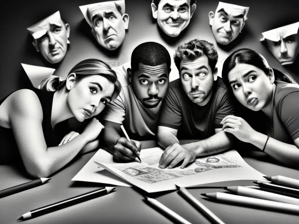 Un grupo de caricaturistas trabajando con determinación, creando arte subversivo con un toque de humor