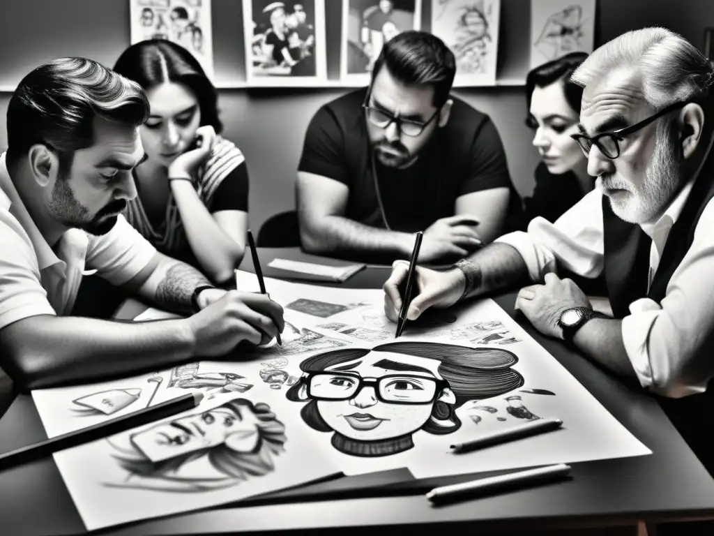 Un grupo de caricaturistas se concentra en sus dibujos en una mesa desordenada