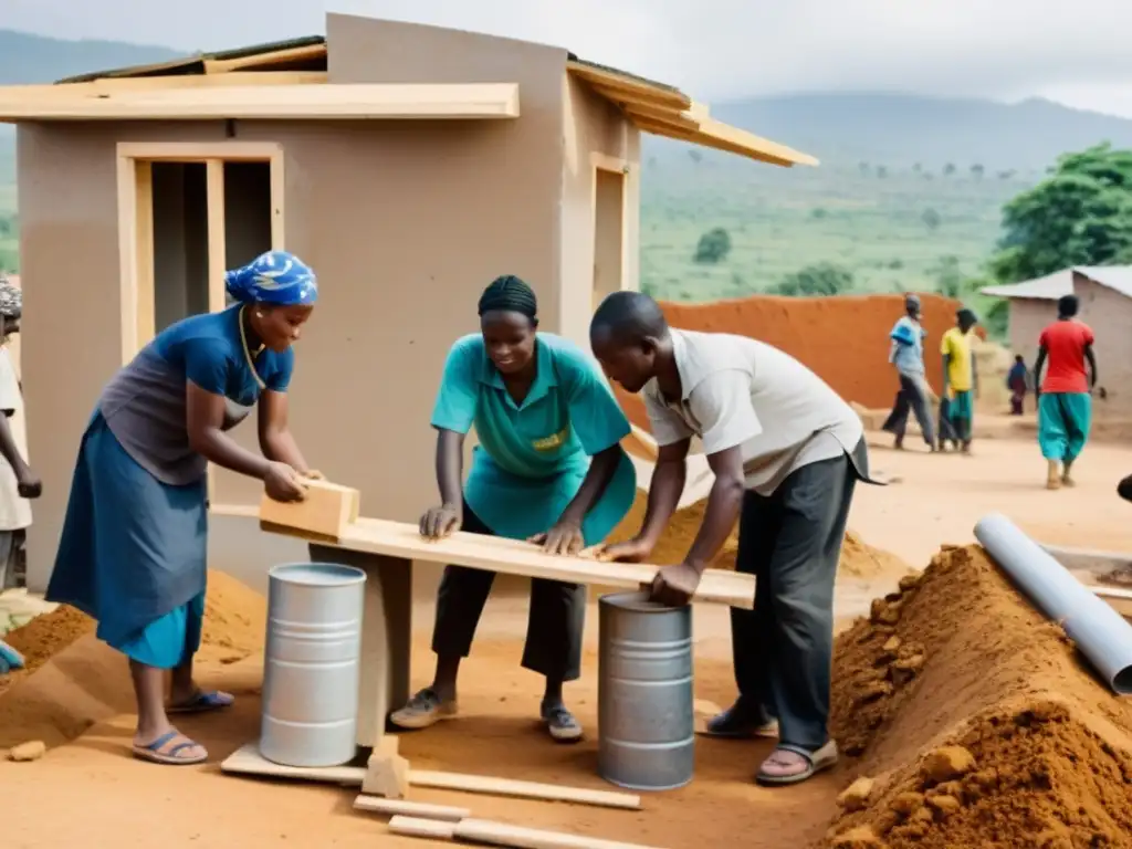 Grupo reconstruyendo casas en zona postconflicto, mostrando esperanza y solidaridad en el derecho a la vivienda