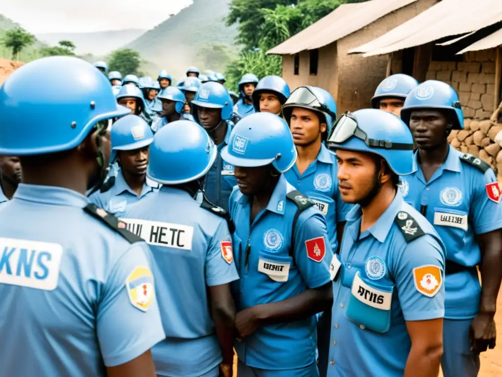 Grupo de Cascos Azules de la ONU brindando asistencia médica y diálogo en una aldea remota