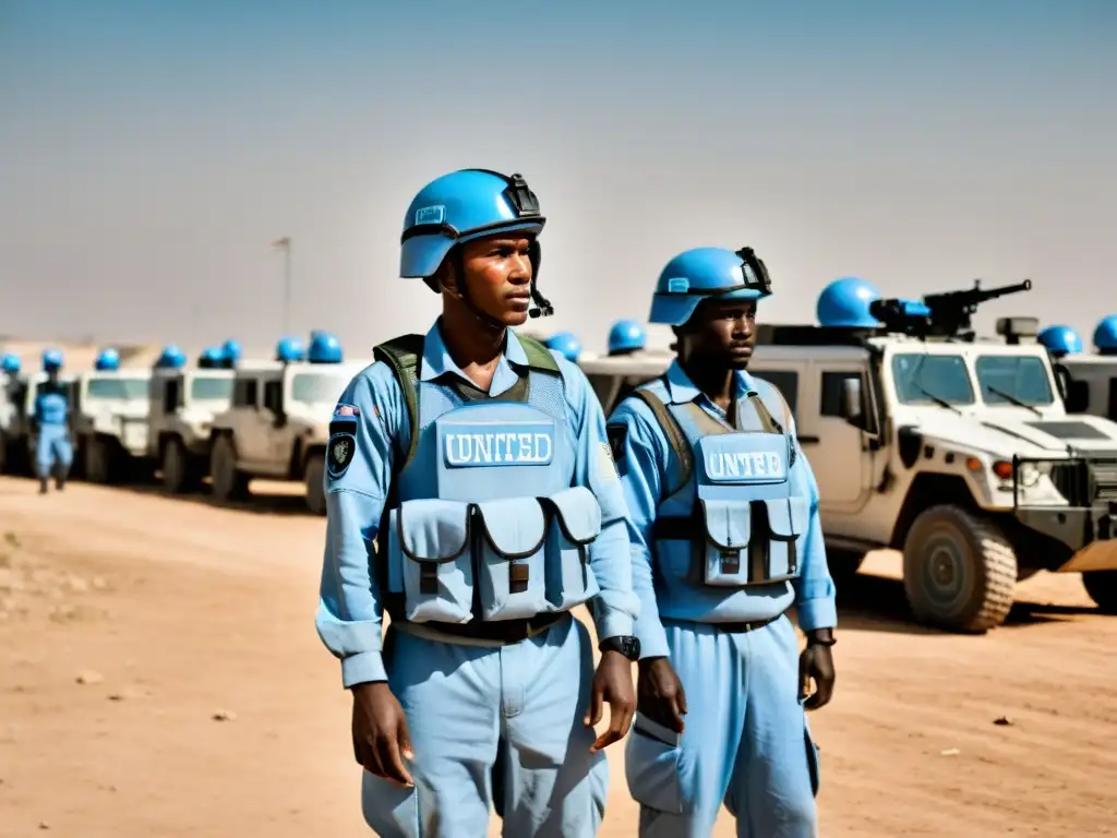 Grupo de Cascos Azules de la ONU protegiendo un campamento de refugiados, mostrando su rol en la defensa de los derechos humanos en zonas de conflicto