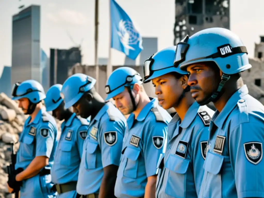 Grupo de Cascos Azules de la ONU en ciudad devastada: reflejo del rol en derechos humanos y desafíos en zonas de conflicto