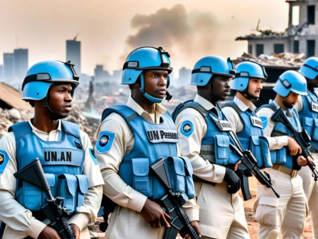 Soldados de la ONU en zona de conflicto Grupo de Cascos Azules de la ONU observando la devastación en una ciudad en conflicto, reflejando los desafíos en el mantenimiento de la estabilidad