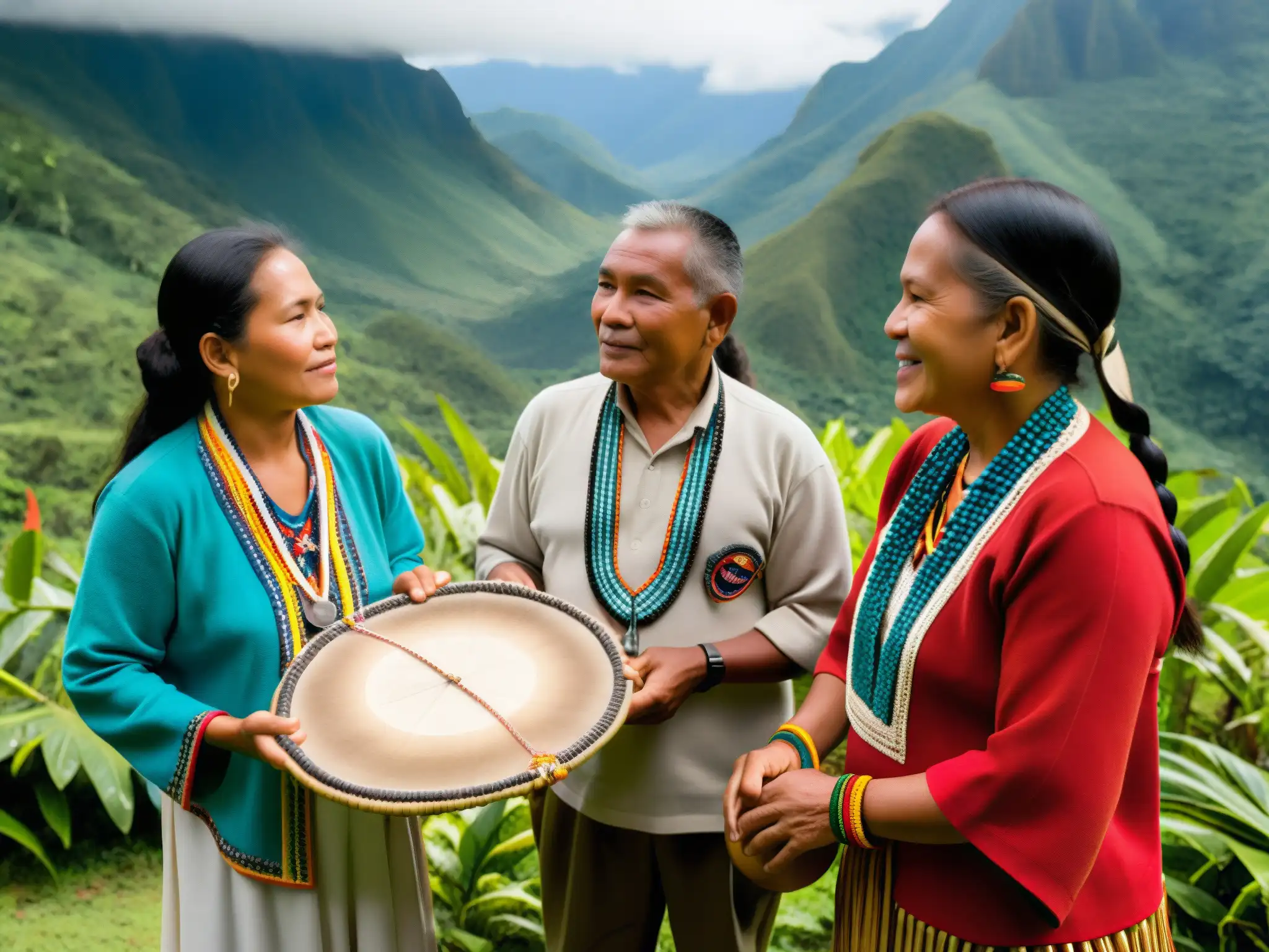 Grupo de indígenas Nasa en ceremonia tradicional en la montaña colombiana, mostrando resiliencia ante el conflicto armado en Colombia derechos humanos