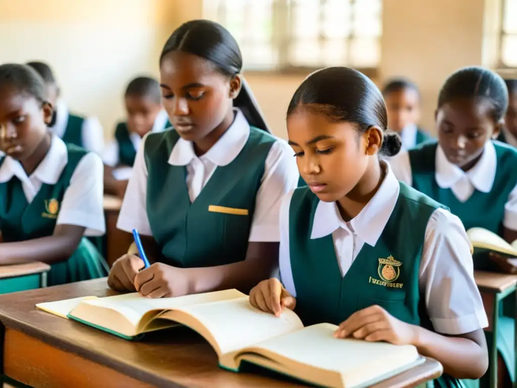 Grupo de chicas en uniforme escolar, estudian juntas con determinación en un aula bien iluminada