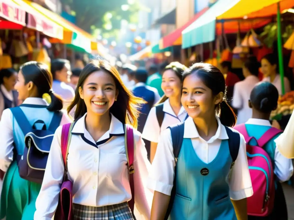 Un grupo de chicas en uniforme escolar se abre paso entre puestos coloridos y compradores animados en un bullicioso mercado, representando la importancia del Acceso a la educación femenina en sociedades vibrantes y diversas