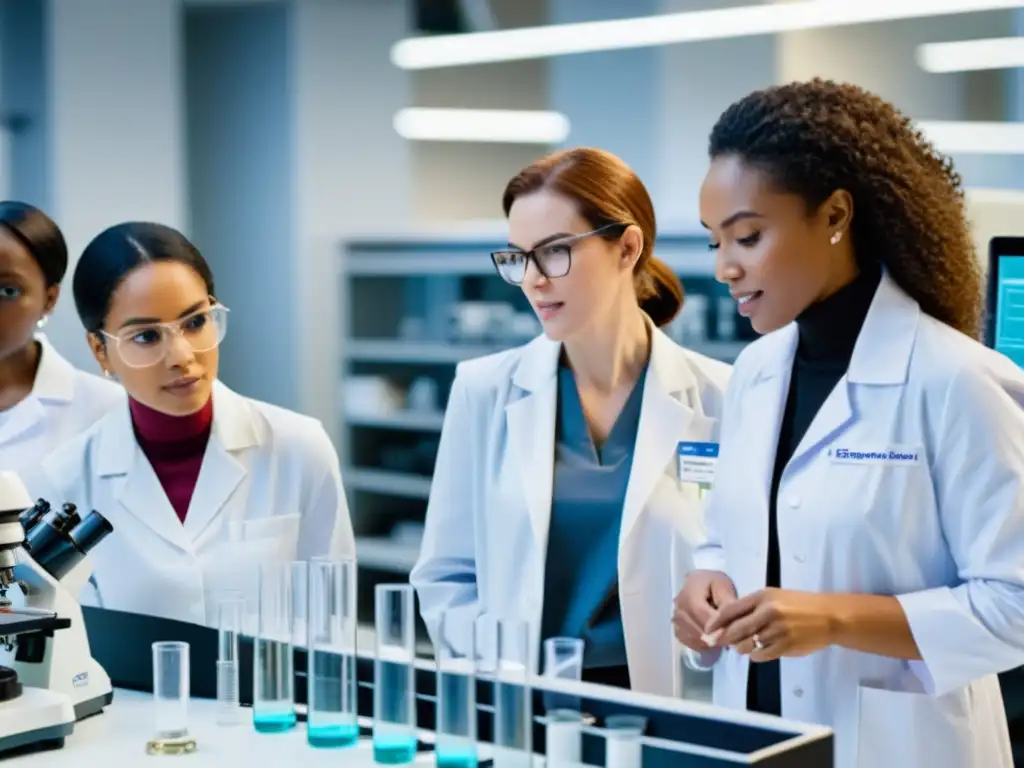 Grupo de científicas diversas en laboratorio moderno, promoviendo igualdad de género y colaboración en ciencia