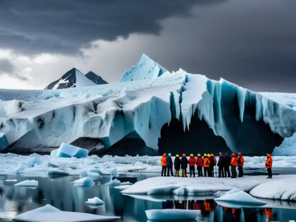 Un grupo de científicos y activistas en un glaciar derritiéndose, discutiendo estrategias bajo un cielo tormentoso