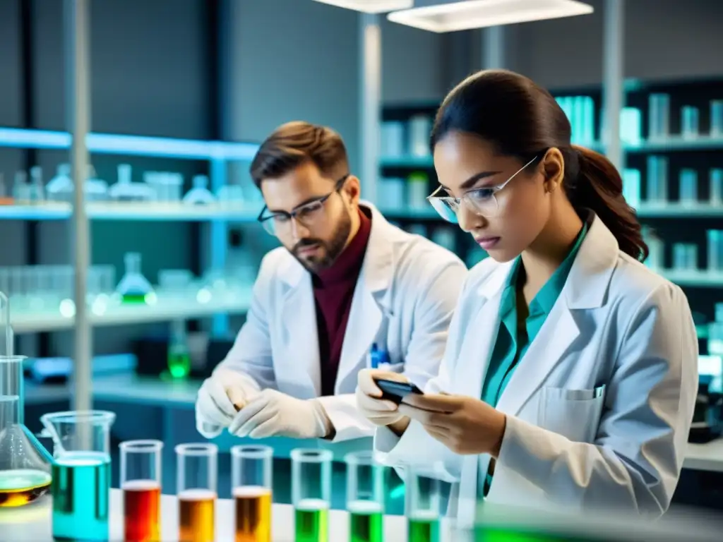 Grupo de científicos en laboratorio moderno, iluminados por luz natural, colaborando en experimentos