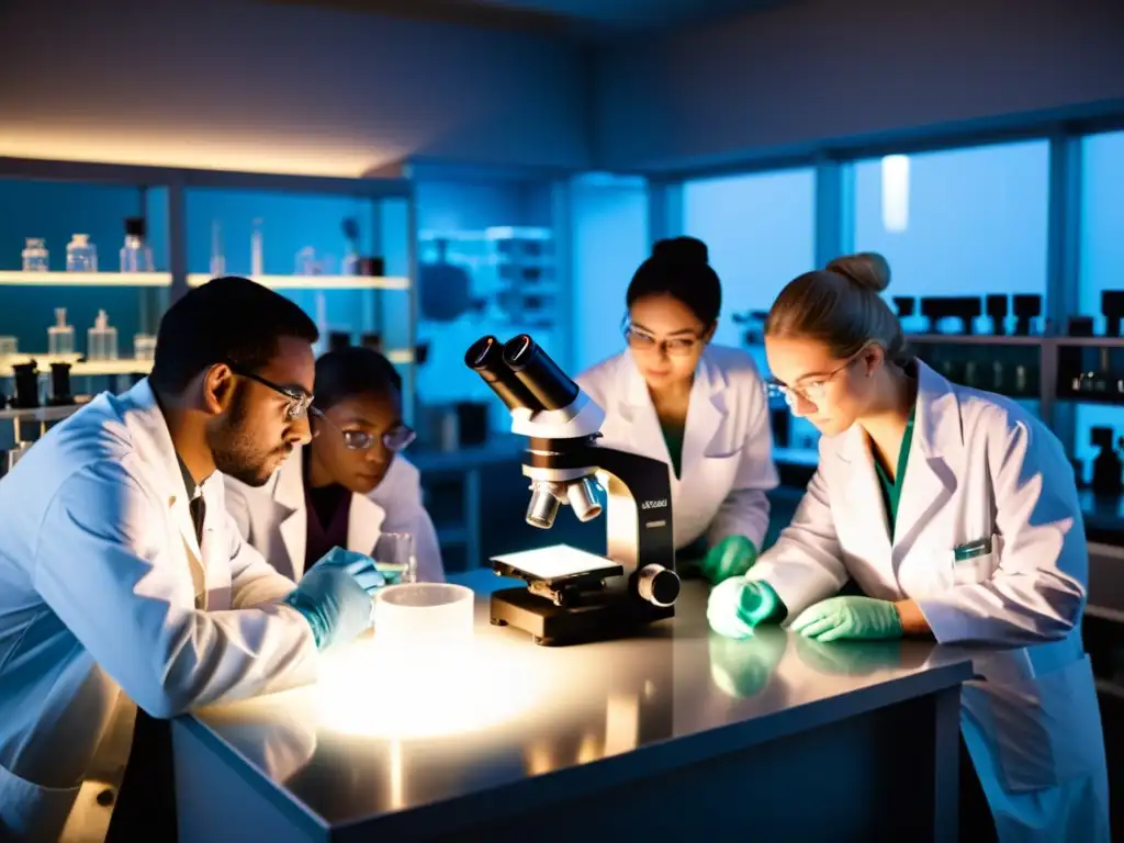 Un grupo de científicos en un laboratorio tenue, examinando una muestra bajo un microscopio