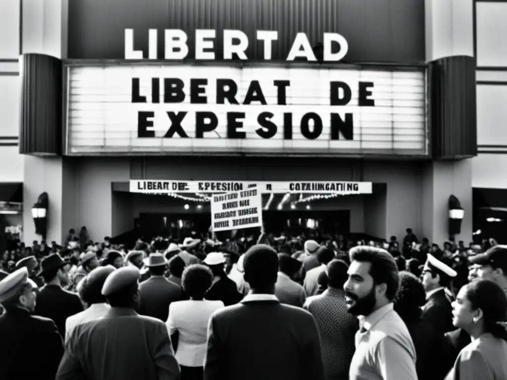 Un grupo de cineastas y activistas desafiantes frente a un cine con letrero 'Libertad de Expresión'