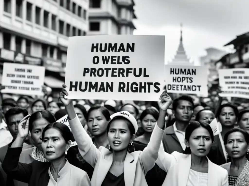 Grupo de ciudadanos birmanos en protesta por los derechos humanos bajo la junta militar de Myanmar, mostrando determinación y esperanza en medio de la adversidad de la ciudad
