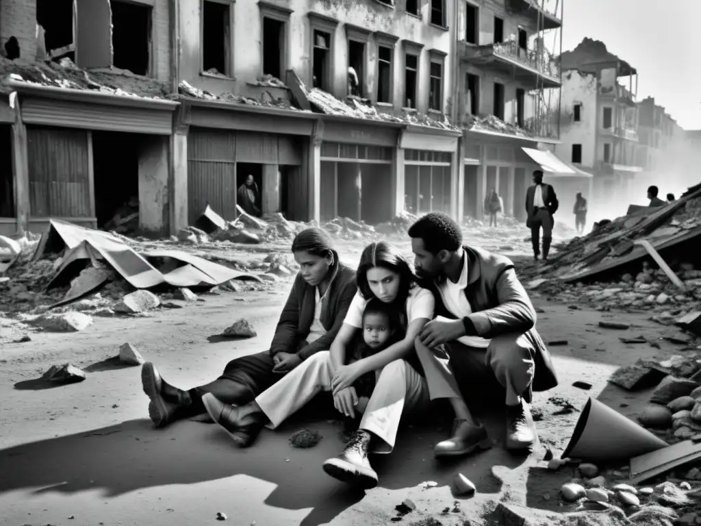 Grupo de civiles asustados se reúnen en una calle destruida por la guerra, reflejando el impacto de la guerra en libertades civiles